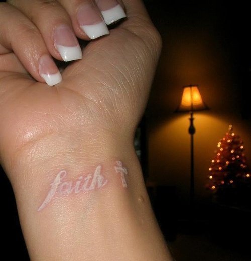 White Ink Cross And Faith Tattoo