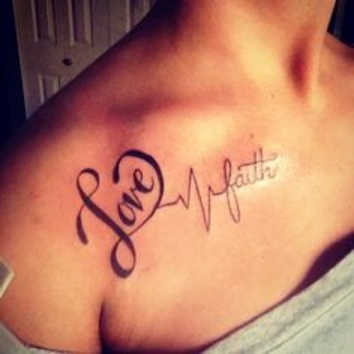 Love Heart Beat Faith Tattoo On Girl Collarbone