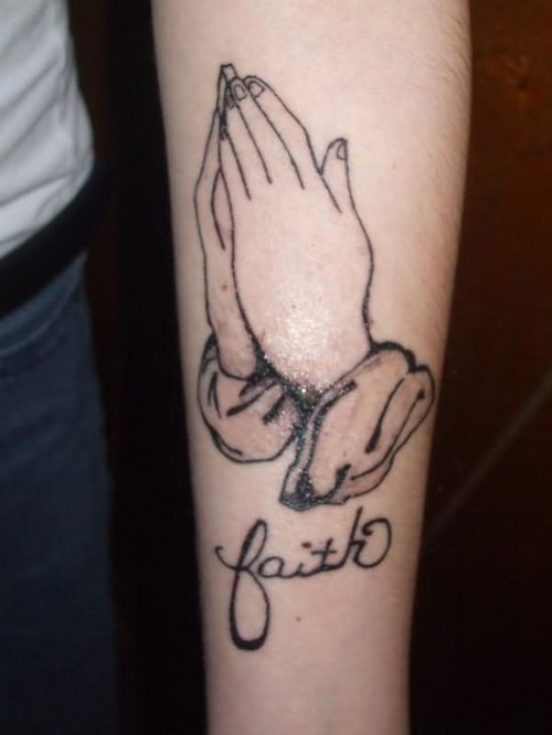 Grey Ink Praying Hands And Faith Tattoo