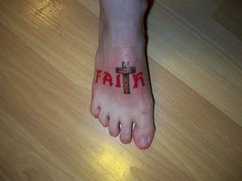 Red Ink Faith n Cross Tattoo On Foot