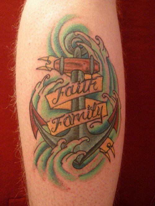colored Ink Anchor And Faith Family Banner Tattoo