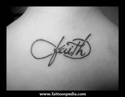 Infinity Sign And Faith Tattoo On Upperback
