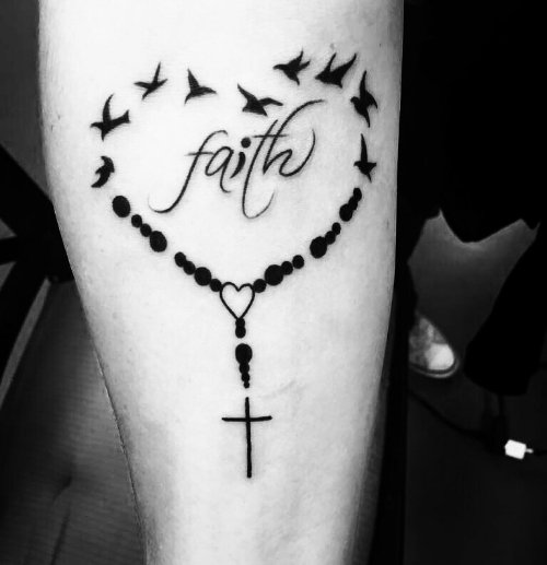 Rosary cross With Flying Birds Faith Tattoo On Leg