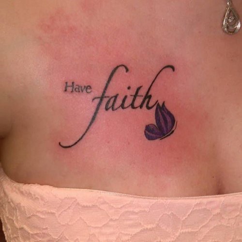 Have Faith Butterfly Tattoo On Back Shoulder
