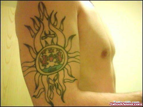 Tribal Sun Family Crest Tattoo On Half Sleeve
