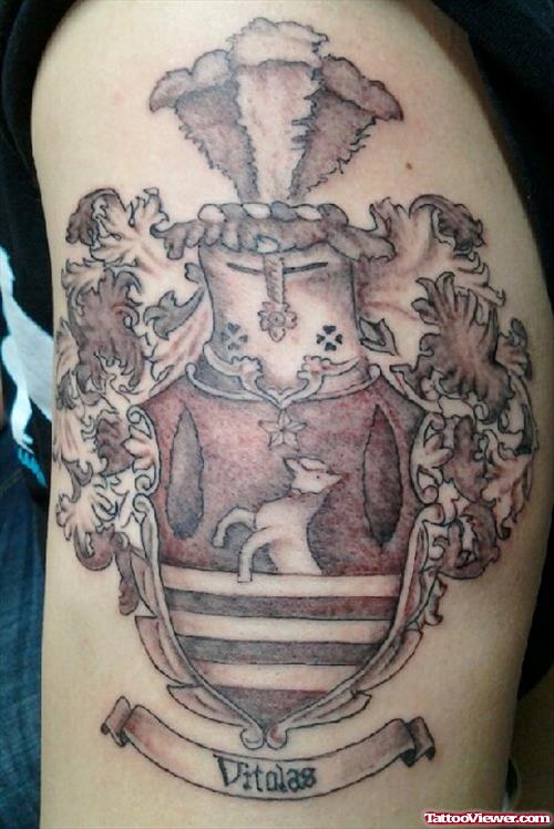 Grey Ink Half Sleeve Family Crest Tattoo
