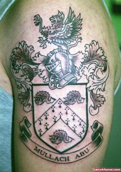 Black And Grey Ink Griffing Family Crest Tattoo On Left Half Sleeve