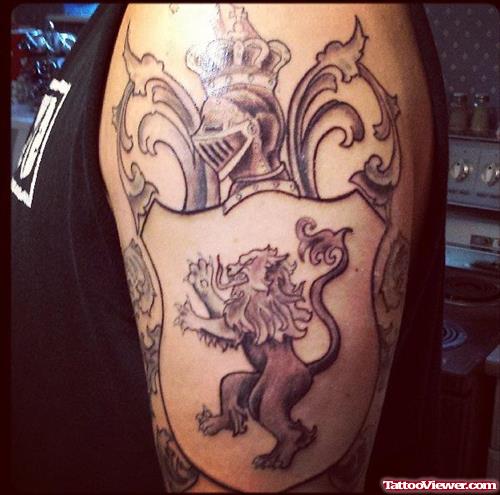 Grey Ink Griffin Family Crest Tattoo On Left Half Sleeve