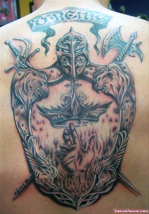 Grey Ink Family Crest Tattoo On Back