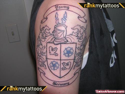 Outline English Family Crest Tattoo On Bicep