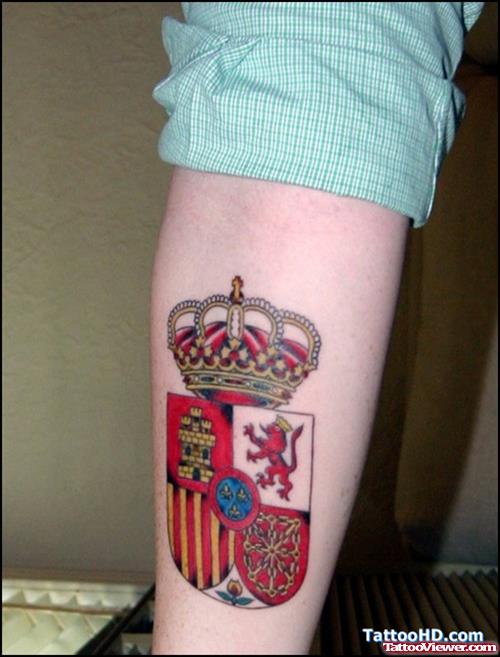 Colored Family Crest Tattoo On Forearm