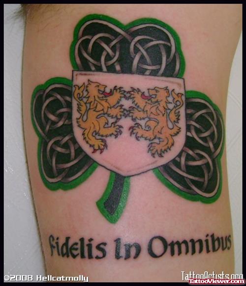 Celtic Clover Leaf And Family Crest Tattoo