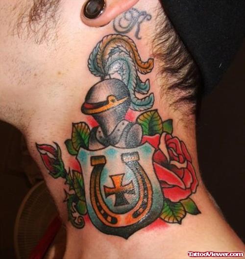 Rose Flowers And Family Crest Tattoo On Neck