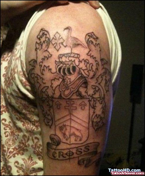 Outline Family Crest Tattoo On Left Half Sleeve
