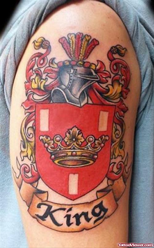King Banner And Family Crest Tattoo On Half Sleeve