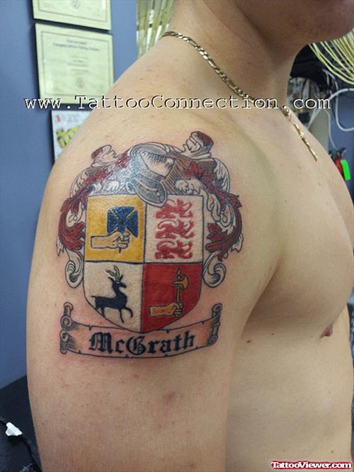 Colored German Family Crest Tattoo On Shoulder