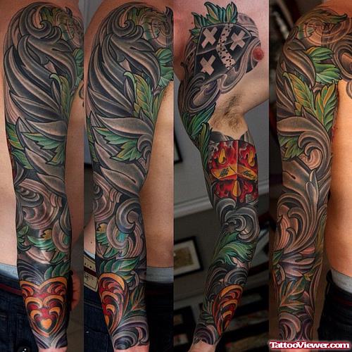 Sleeve Flowers And Family Crest Tattoo For Men
