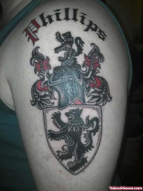 Phillips Family Crest Tattoo On Left Shoulder