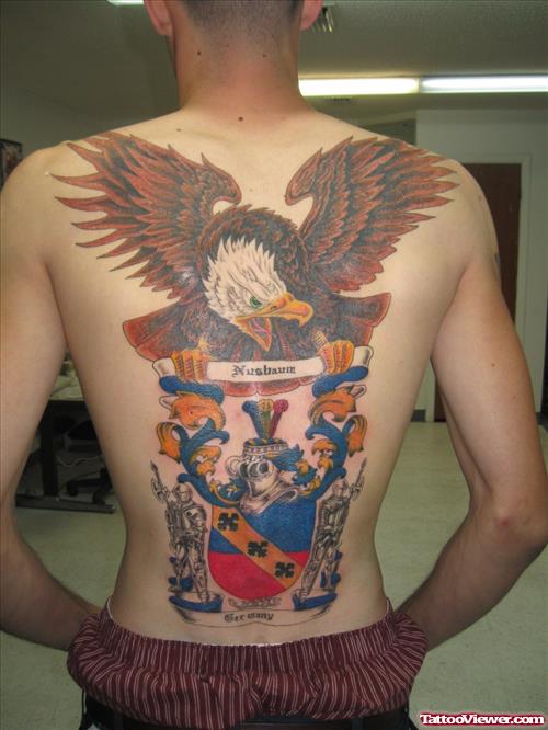 Traditional Colored Family Crest Tattoo On Back