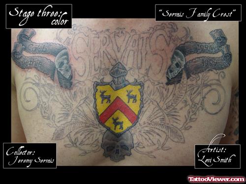 Skull And Yellow Family Crest Tattoo On Chest