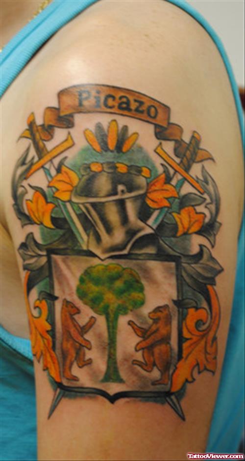 Picazo Banner And Family Crest Tattoo On Left Half Sleeve