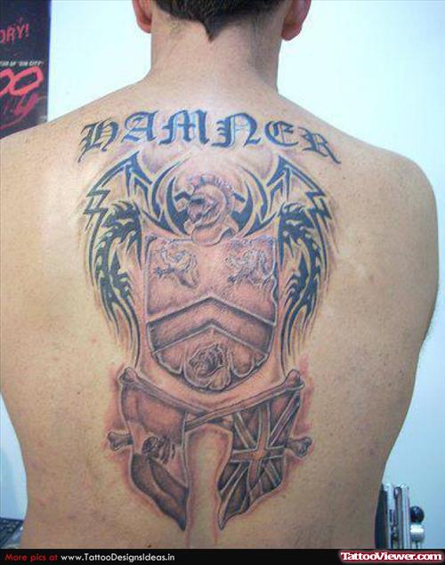 Grey Ink Family Crest Tattoo On Back Body