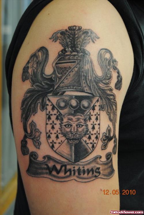 Beautiful Grey Ink Half Sleeve Family Crest Tattoo