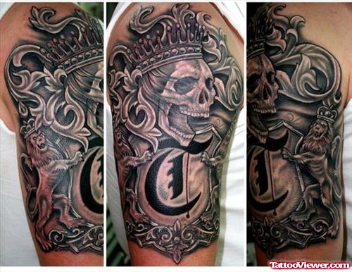 Grey Ink German Family Crest Tattoo On Half Sleeve