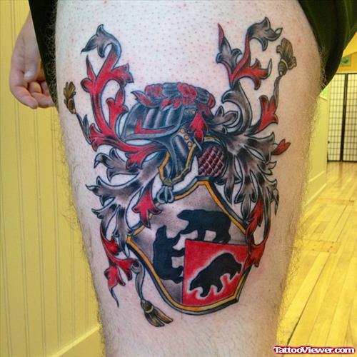 Family Crest Tattoo On Left Thigh