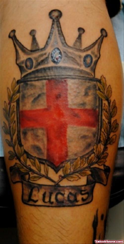 English Family Crest Tattoo With Crown