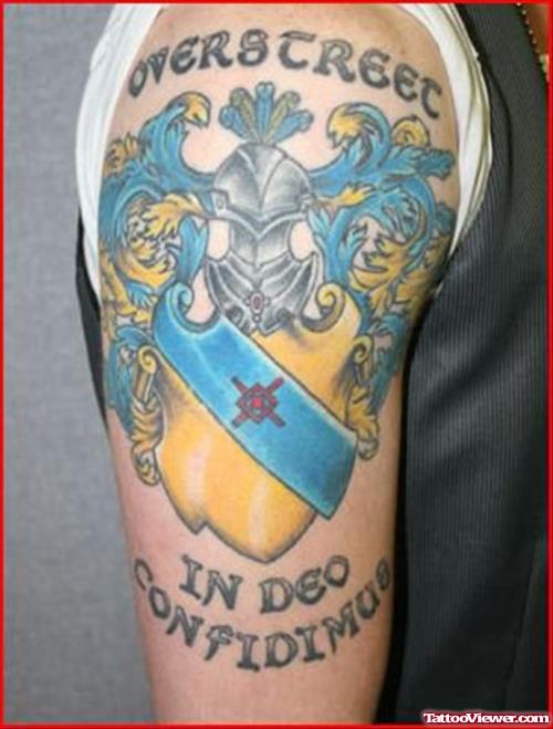 Blue and Yellow Ink Family Crest Tattoo On Half Sleeve