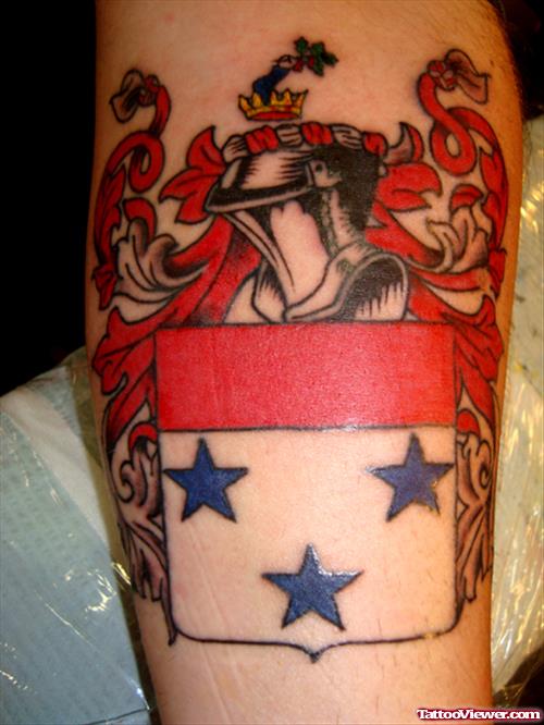 Blue Stars And Red Family Crest Tattoo