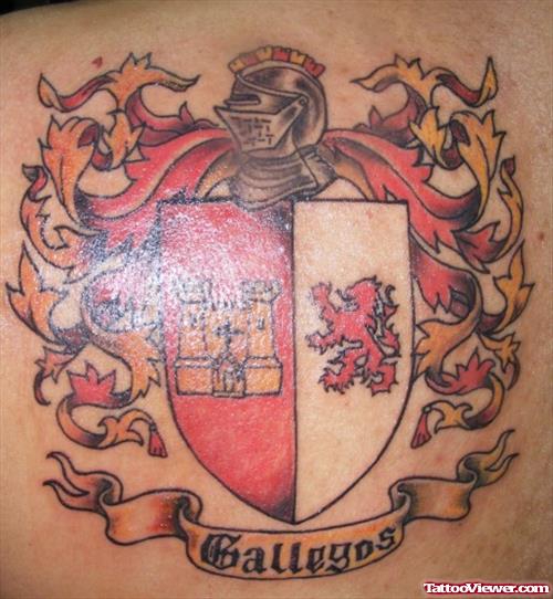 Awesome Colored Family Crest Tattoo On Back