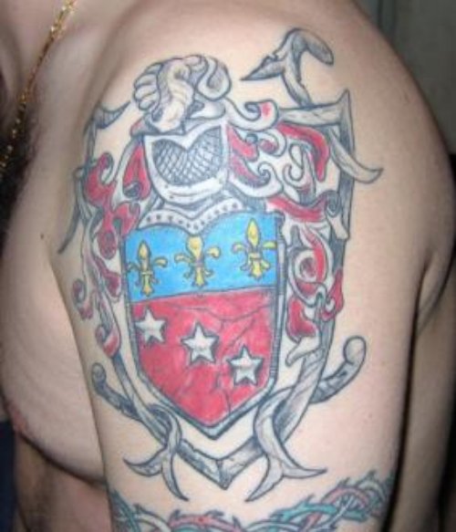 Amazing Man Left Half Sleeve Family Crest Tattoo