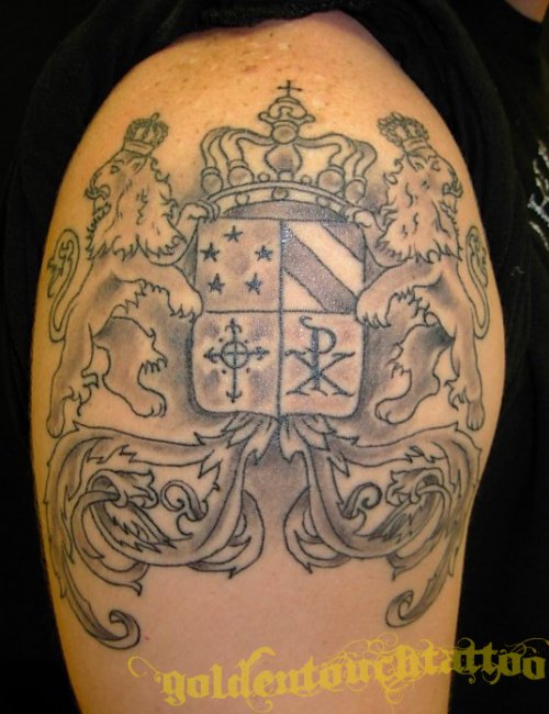 Best Grey Ink Family Crest Tattoo On Half Sleeve