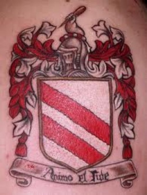 Red And Grey Ink Family Crest Tattoo
