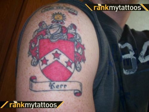 Red Family Crest Tattoo On Right Shoulder For Men