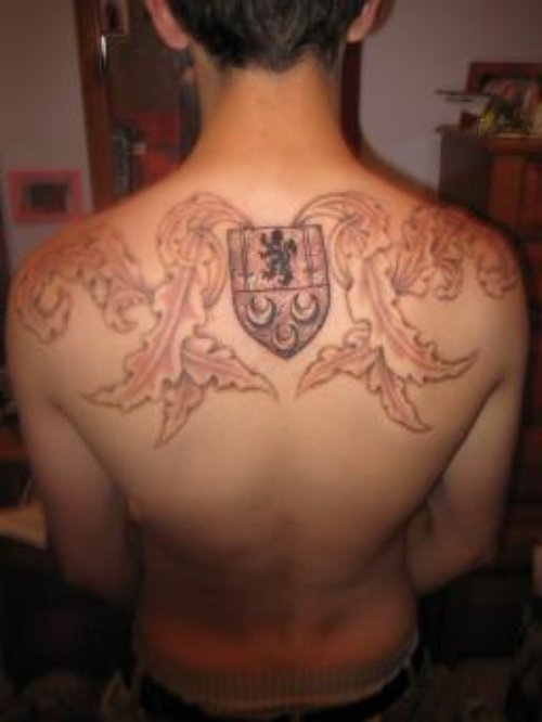 Grey Ink Upperback Family Crest Tattoo