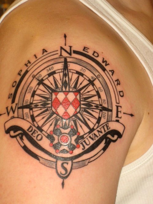 Family Crest Tattoo On Right Shoulder