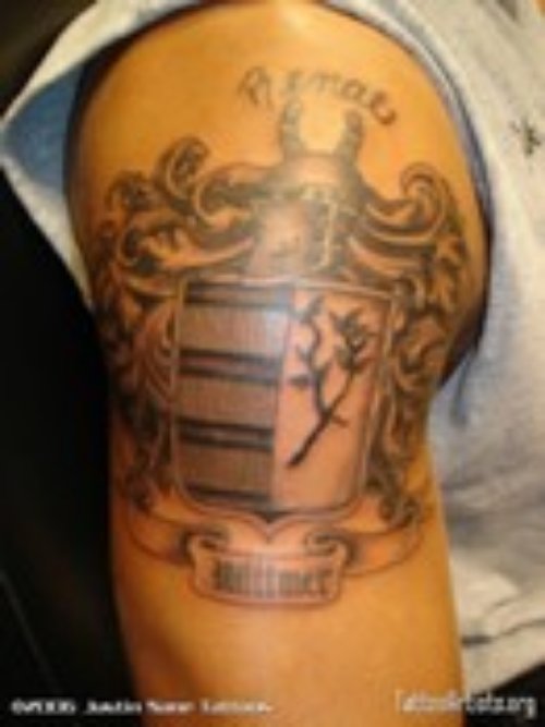 Grey Ink Family Crest Tattoo On Right Half Sleeve
