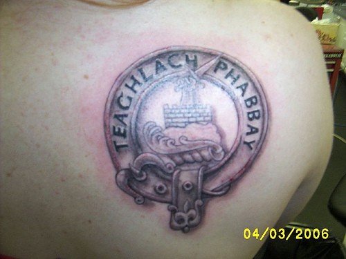 Family Crest Tattoo On Right Back Shoulder
