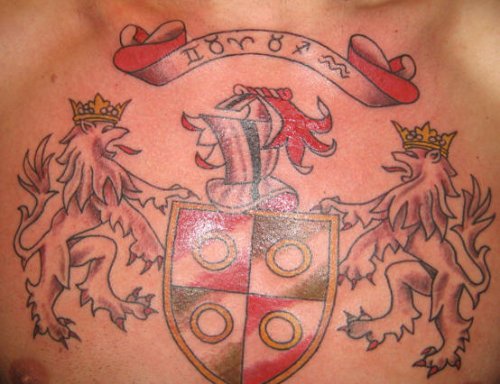 Griffins And Family Crest Tattoo On Chest