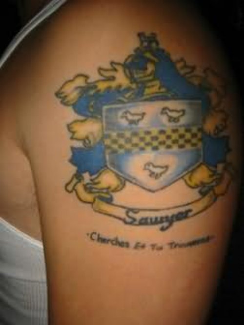 Awesome Family Crest Tattoo On Shoulder