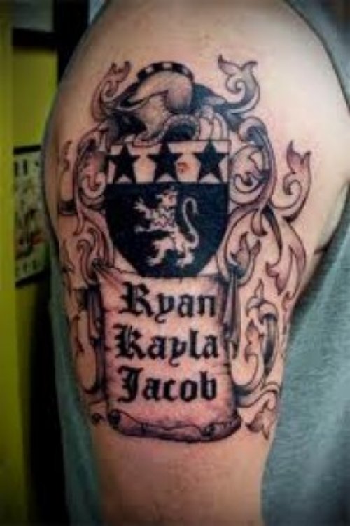 Family Crest Tattoo On Man Right Half Sleeve