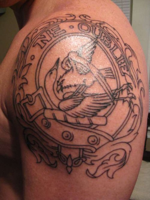 Man Shoulder Family Crest Tattoo