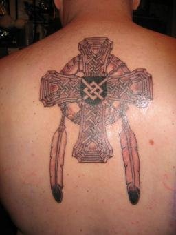 Celtic Cross And Feathers Family Crest Tattoo On Back