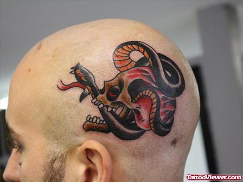 Skull And Snake Fantasy Tattoo On Head