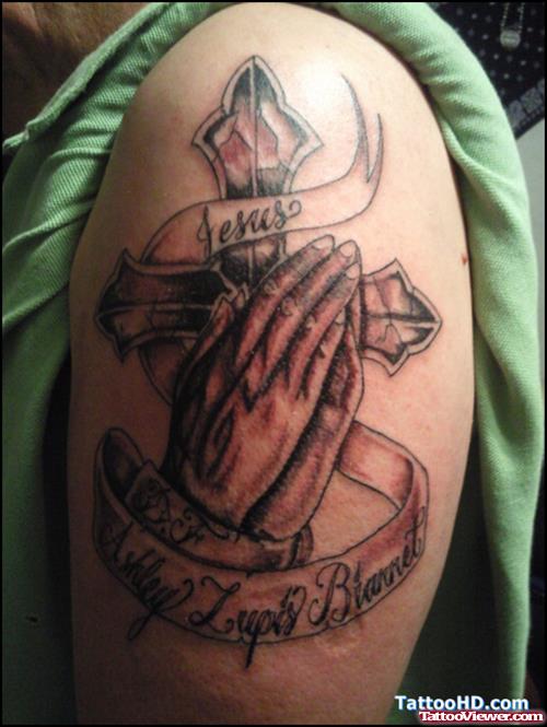 Cross And Praying Hands Fantasy Tattoo On Half Sleeve