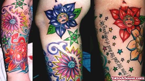 Colored Flowers Fantasy Tattoo On Sleeve
