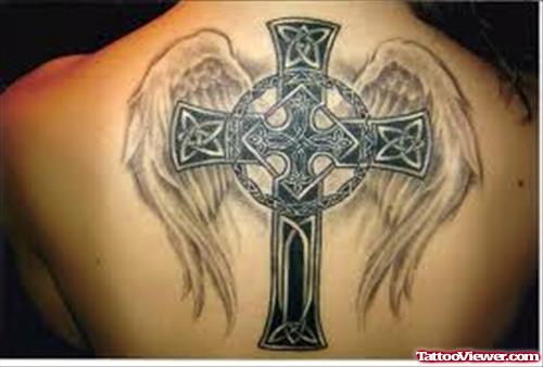 Winged Celtic Cross Fantasy Tattoo On Back